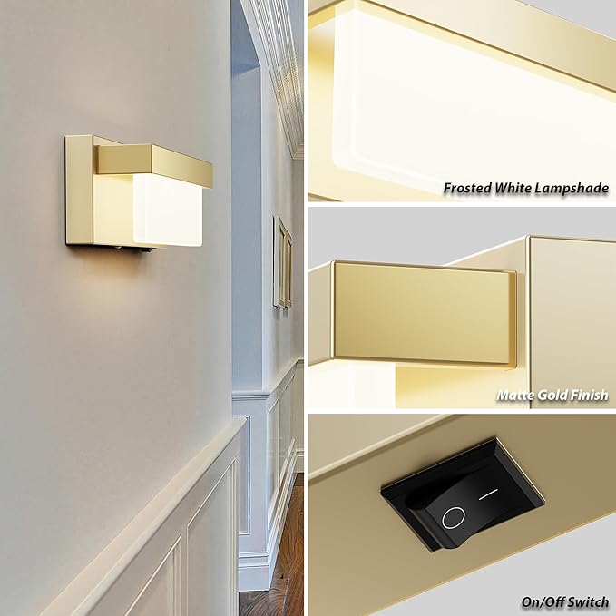 Switched LED Wall Sconce Set of 2, Indoor 8 inch 12 Watt 4000K Hardwired Champagne Wall Mounted Sconce Light with On/Off Switch, Frosted Arcylic Shade Sconces for Bedroom Living Room Bathroom Kitchen
