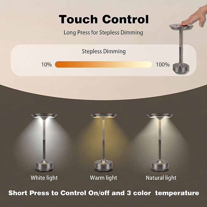 Rechargeable Cordless Table Lamp Set of 2, Portable Battery Operated LED Table Light, 3 Color Stepless Dimming with Touch Sensor & Memory Function for Outdoor Camping Patio café Restaurant Bars,Silver