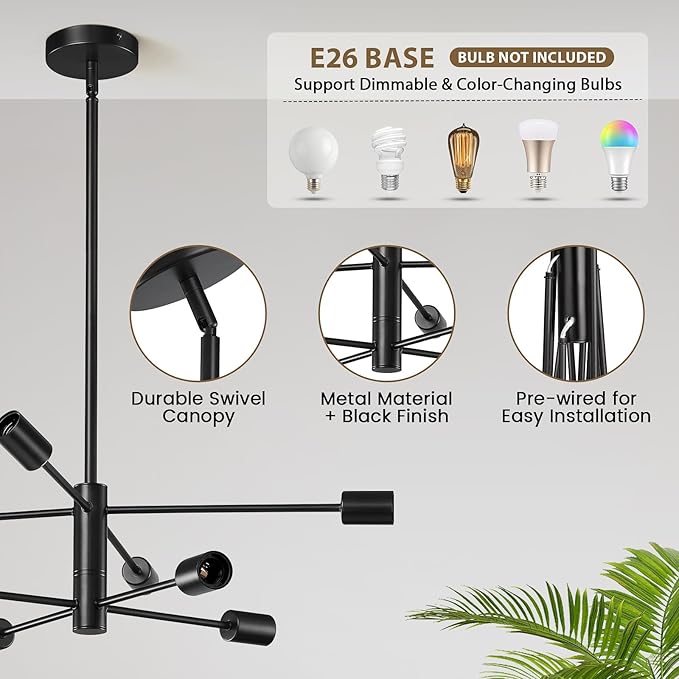 KAISITE Modern Chandelier Sputnik Ceiling Light Fixture Black Chandelier for Bedroom Living Room 8-Light Height Adjustable Dining Room Farmhouse Chandelier Over Table Ceiling Hanging Kitchen Lighting