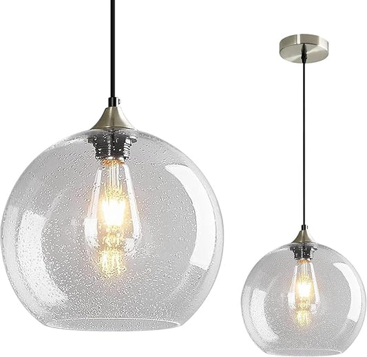 Mikeru Glass Globe Pendant Light Single, 5.9 Inch Clear Bubble Glass Hanging Lamp, Mid Century Modern Pendant Lighting for Kitchen Island Dining Room Bedroom (Bulb Not Included)