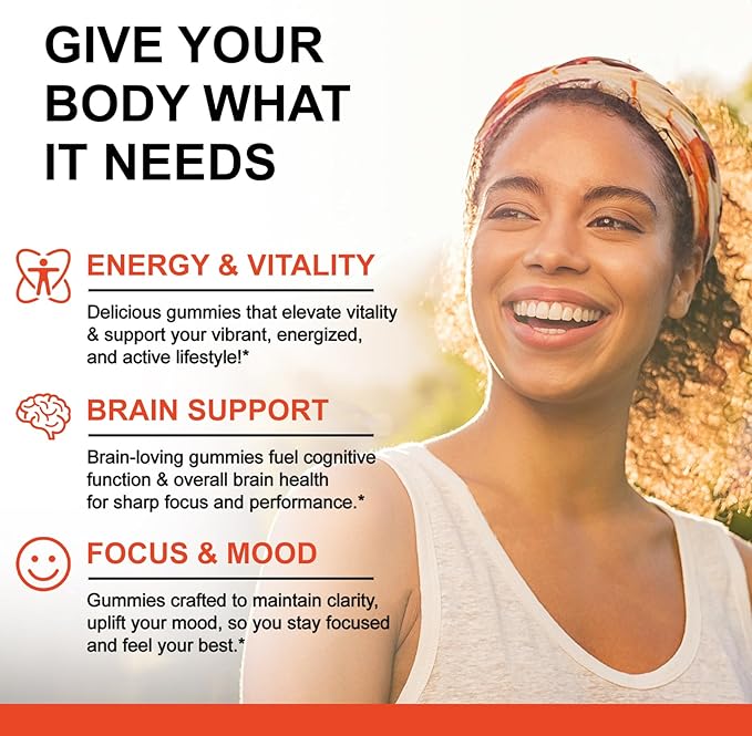 Gummies Vitamines B Complexe pour Femmes et Hommes - Vitamines B12, B1, B2, B3, B5, B6, B7 & B9 - Complexe B avec Vitamine C & Choline - Soutien Énergétique & Immunitaire* - Vegan, Sans Sucre, Arôme Pêche - 60 Gummies