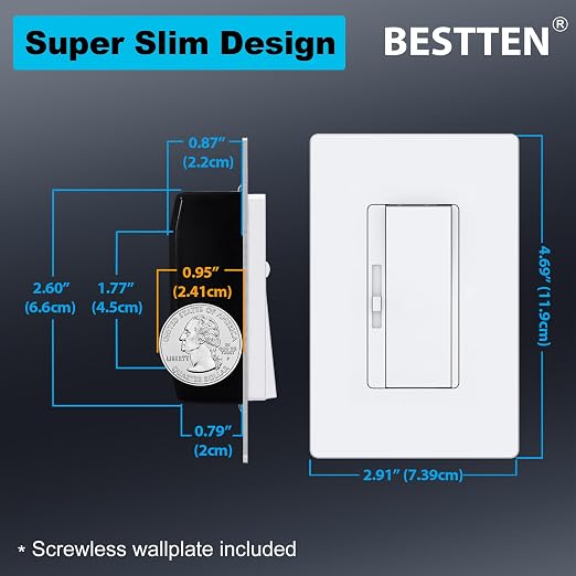 BESTTEN 20 Pack Super Slim Dimmer Light Switch, Quiet Rocker, Max 300W LED, CFL, 600W Incandescent, Single Pole or 3 Way Dimmable Switch with Screwless Wallplate, ETL Listed, White