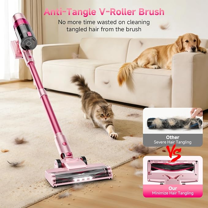 Cordless Vacuum Cleaner: Portable 6-in-1 Stick Vacuum with Anti-Tangle Brush, LED Headlight, Self-Standing, HD Display, Rechargeable Vacuum for Pet Hair, Low-Pile Carpet and Hardwood Floor-Dark Pink