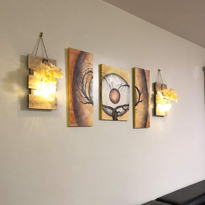 Rustic Mason Jar Sconces Wall Decor - Set of 2 Hanging Wooden Wall Art with LED String Lights & Remote Timer - Vintage Farmhouse Decoration for Living Room or Bedroom, Brown