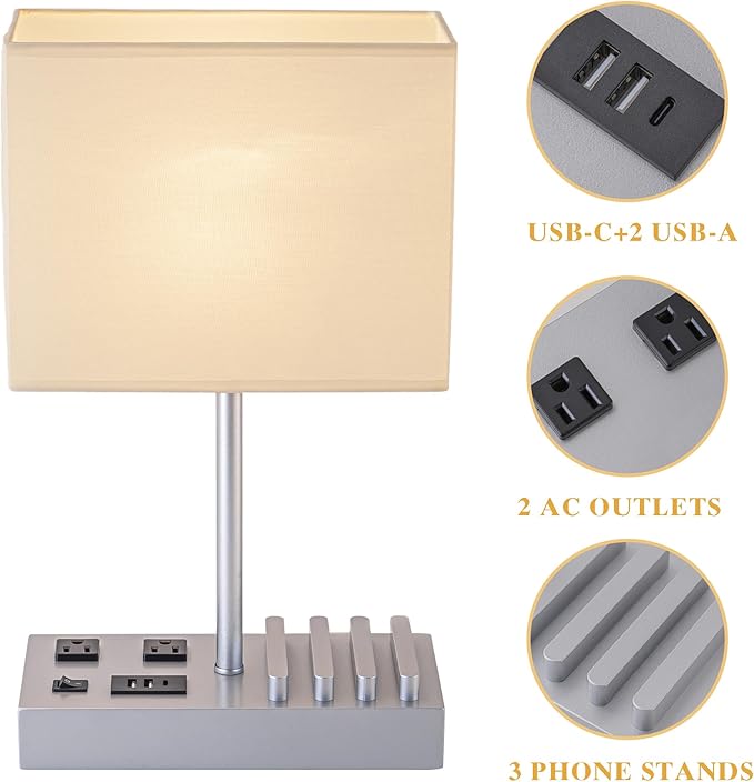Briever USB Table Lamp, Multi-Functional Desk Lamp with 2 AC Outlets, Bedside Lamp with 3 USB Charging Ports and Wooden Phone Stands, Nightstand Lamp for Bedroom, Livingroom, Office, Silver Woodgrain