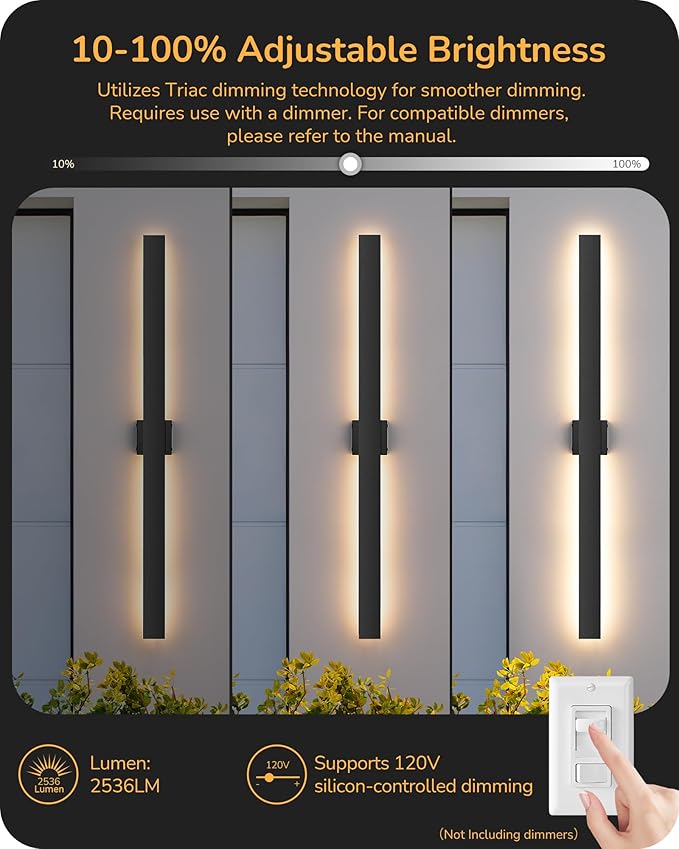 EDISHINE 47.2" LED Outdoor Wall Lights, 3CCT & 10%-100% Dimmable, IP65 Waterproof, Modern Exterior Lighting Fixtures, Linear Long Exterior Wall Light for House, Yard, 2 Pack, Black