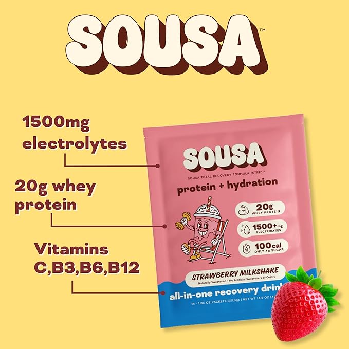Sousa Protein + Hydration Total Recovery Formula, 20g Protein, 1500mg Electrolytes, Vitamins C, B3, B6, B12, 14 Servings (Strawberry Milkshake)