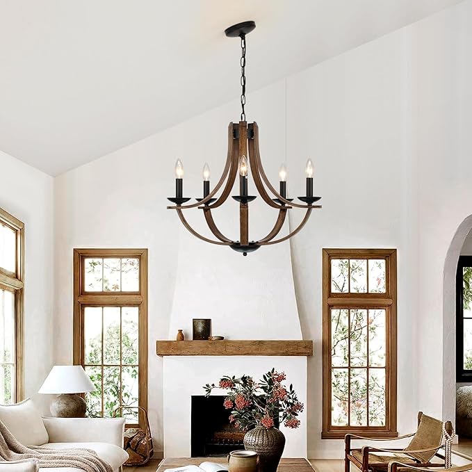 LAMPKEDUO Farmhouse Chandeliers for Dining Room Light Fixture, 5-Light 24 inch Faux Wood Texture Hanging Lighting Fixtures, Rustic Candle Chandeliers for Living Room Kitchen Island Foyer Entryway