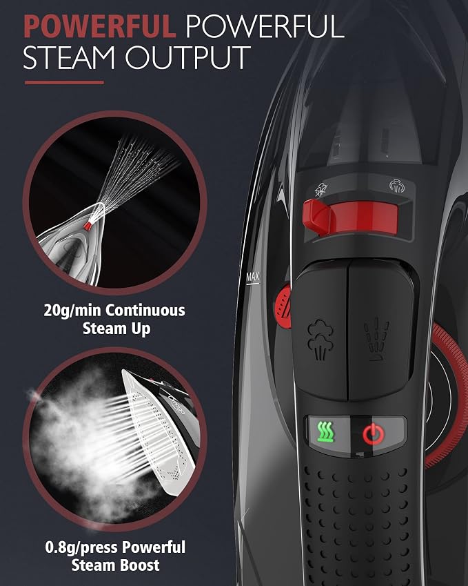 OMAIGA Cordless Iron for Clothes, 1500W Fast-Heating Steam Iron with Non-Stick Ceramic Soleplate,Burst of Steam for Clothes, Auto Shut Off, Self-Clean,3 Temperature Settings, 11.84oz Water Tank, Black
