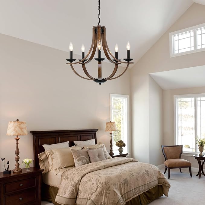 LAMPKEDUO Farmhouse Chandeliers for Dining Room Light Fixture, 5-Light 24 inch Faux Wood Texture Hanging Lighting Fixtures, Rustic Candle Chandeliers for Living Room Kitchen Island Foyer Entryway