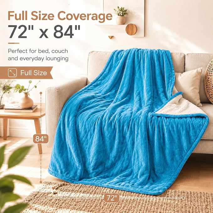 LUXIAN Electric Heated Blanket Full Size 72"x84" Queen Dual-Sided Flannel & Sherpa Fast Heating 9 Heat Settings 1-10H Auto Off ETL Safe Heating Ocean Breeze Blue Bed Sofa Office Winter Gift