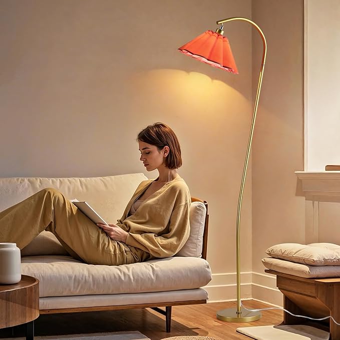 Floor Lamp with Pleated Linen Lampshade, Modern Flower Floor Lamp for Living Room Arc Standing Lamp, Gold Tall Lamp for Bedroom Office Dining Room, Bulb Included (Gold + Orange Color, 66.1IN)