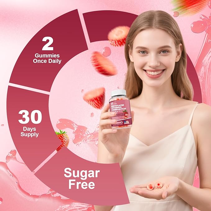 Gummies sans sucre complexe de vitamine B méthylée - Toutes les vitamines B + vitamine C D3 K2 Ashwagandha Magnésium Oméga 3 CoQ10 pour femmes et hommes - Méthylvitamine B12, méthylfolate, B1, B2, B3, B5, B6, B7 B9