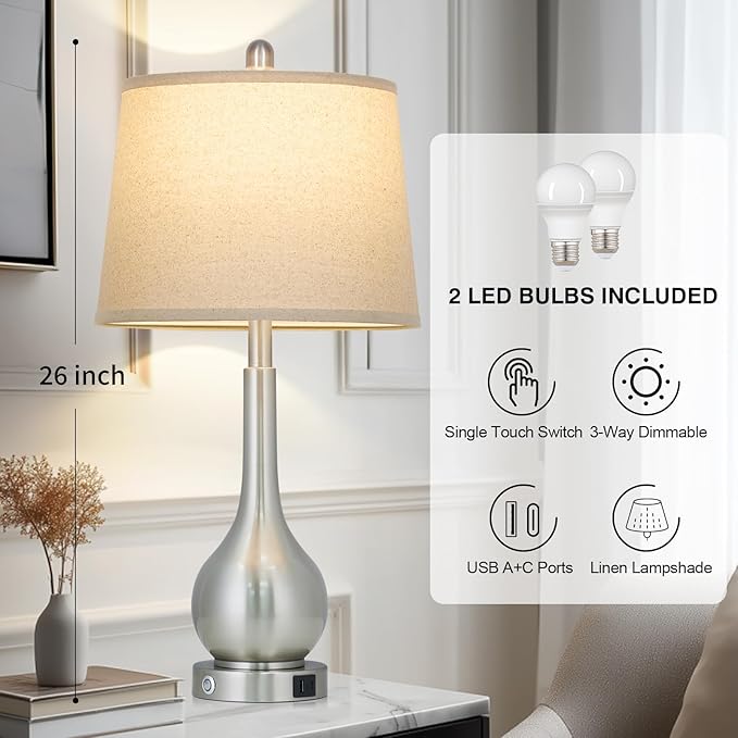 Rinweey 26" Silver Table Lamps Set of 2 for Living Room, Touch Control Bedside Lamp with USB Charging Ports, 3-Way Dimmable Brushed Nickel Bedroom Lamps for Nightstand (2 LED Bulbs Included)