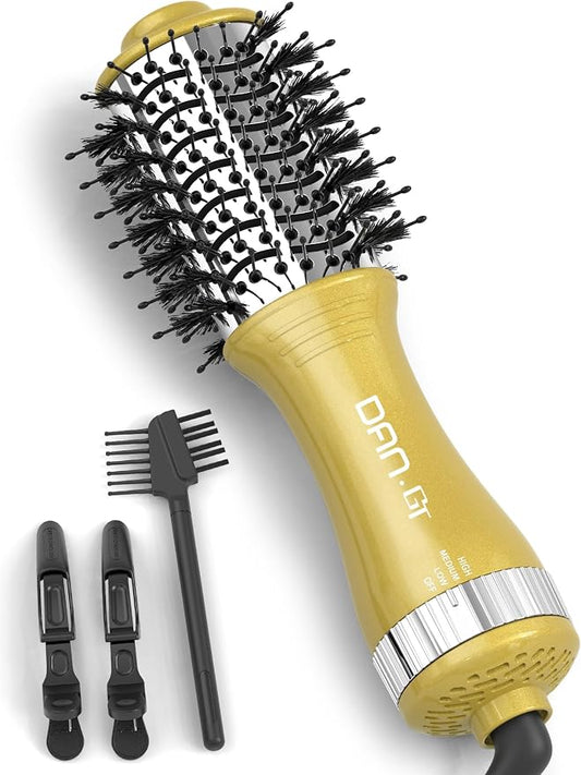 DAN Technology 2-in-1 Dual Voltage Hot Air Brush, Less Frizz & More Shine with Reduced Heat Damage, 2 Inch Oval Volumizer Blow Dryer Brush for Root Lift & Smooth Blowout, Ideal for All Hair