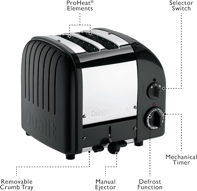 Dualit Classic 2 Slice NewGen Toaster - Stainless Steel - Hand Built in the UK - Replaceable ProHeat elements - Defrost Bread - Mechanical Timer - Matt Black Classic Toaster