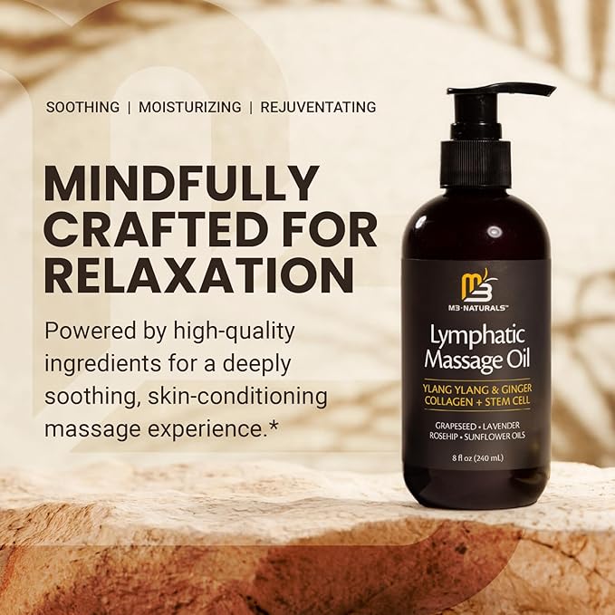 Kit Huile & Rouleau de Massage Lymphatique pour la Massothérapie - Huile et Masseur de Drainage Lymphatique Ylang Ylang & Gingembre pour la Circulation et le Soutien à la Détoxification, Formule Non Grasse et Rouleau Facile à Utiliser (236 ml) par M3