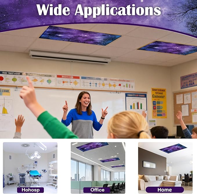 ANGSYLTH 8 Pcs Fluorescent Light Covers - 4 x 2 Feet Covers for Ceiling Lights, 8 x 10 Magnetic Light Filters for Classroom, Office, Hospitals (Forests & Starry Sky)