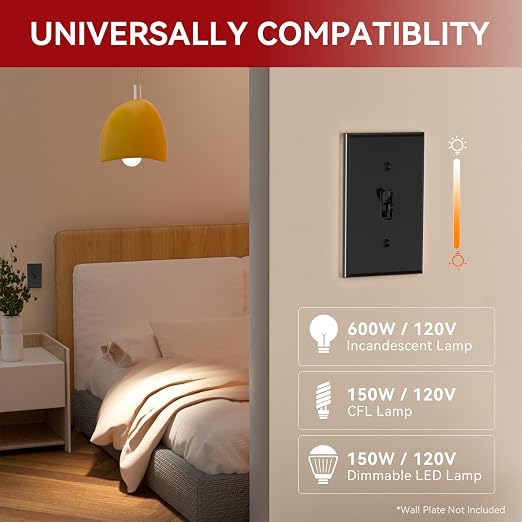 AIDA Toggle Slide Dimmer Switch for Dimmable LED Light/CFL/Incandescent 600 Watt max, Single-Pole or 3-Way, Rocker On/Off Wall Switch with Dimmer Slider, Wall Plate NOT Included, UL, Black, 1 Pack