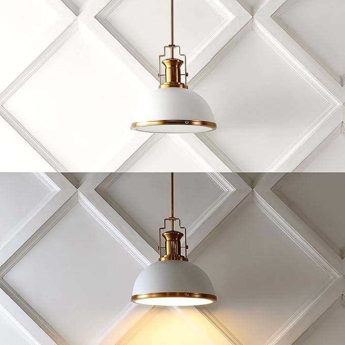 JONATHAN Y 13" Brass Gold/White Modern Industrial Iron LED Dome Pendant Light, Adjustable Hanging Fixture for Kitchen Island or Entryway, White Metal Shade, LED Bulb Included (JYL9536D)