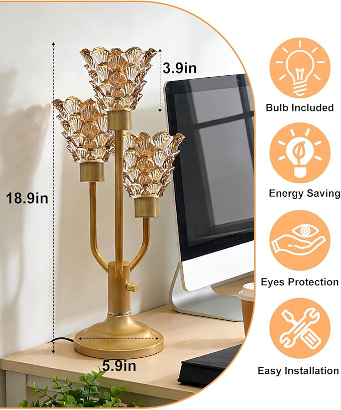 Mid Century Modern Table Lamp Nightstand Lamp Dimmable Gold Vintage Desk Lamp with Brown Glass 3 Bulbs Included Warmwhite Ambient Bedside Lamps for Living Room Bedroom Office Home Decor