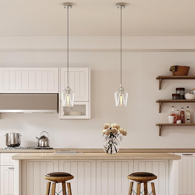 VONLUCE Pendant Lights Kitchen Island, Brushed Nickel Pendant Light Fixtures with E26 Base & Adjustable Cable, Modern Pendant Lighting with Glass Shade for Living Room Bedroom Hallway, 2 Packs