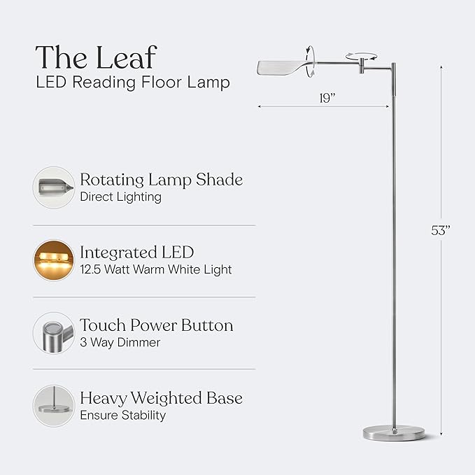 Brightech Leaf Pharmacy LED Reading Lamp, Dimmable Floor Lamp with Easy Adjustable Rotation Over Chair or Desk for Living Room, Work Light for Office, Modern Minimalist Home Decor - Platinum Silver