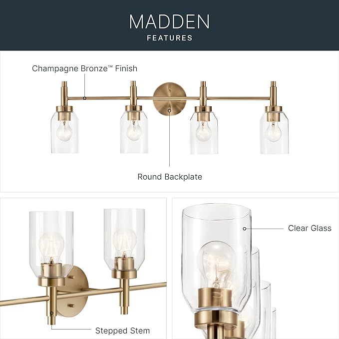 Kichler Madden 4-Light Bathroom Vanity Light Fixture with Clear Glass Shades in Champagne Bronze, Modern Wall Mount for Single or Double Vanity Over Mirror (10.5" x 34"), 55186CPZ