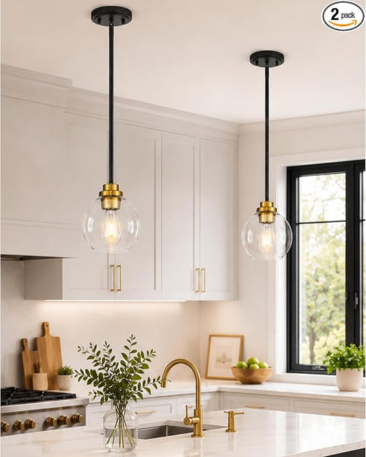 Pendant Lights Kitchen Island 2 Pack, 7" Black and Gold Hanging Lights Fixtures with Clear Glass Globe Shade, Modern Kitchen Island Lighting for Bathroom, AD-22280-1P2-KG