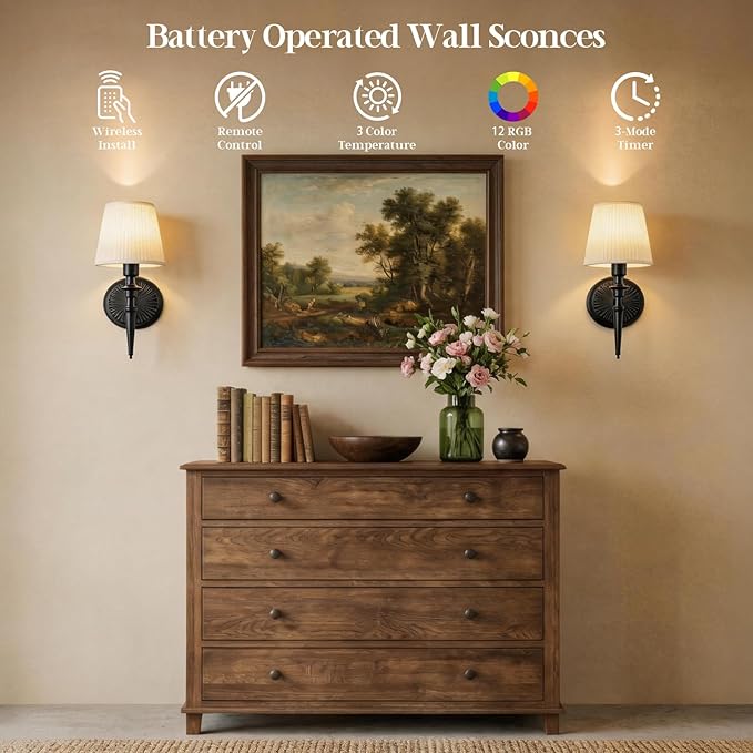 Battery Operated Wall Sconces Set of 2, Wireless Rechargeable Wall Lights with 12 RGB Colors and 3CCT Dimmable, Small Fabric LED Wall Lamps for Bedroom, Living Room, Hallway, Black