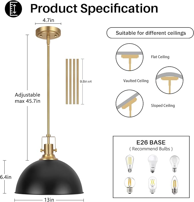 LamQee 13 Inch Black and Gold Metal Pendant Light Kitchen Island, Farmhouse Modern Dome Pendant Light Fixtures Ceiling Hanging Lighting Chandelier for Dining Room Over Table, Bar, Hallway, Entryway