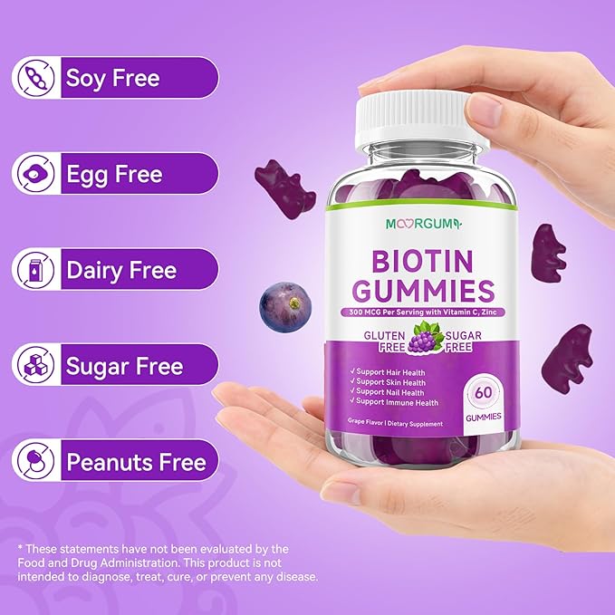 Sugar Free Biotin Hair, Skin & Nails Gummies, Supports Healthy Hair, Skin and Stronger Nails, with Vitamin C, Zinc Chewable Vitamin B7 Supplements for Women & Men, Vegan, Non-GMO, Grape, 60 Count