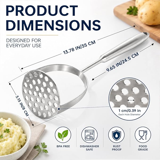 304 Stainless Steel Potato Masher – Heavy-Duty [Rustproof, Heat Resistance, Integral Forming] Dishwasher Safe Masher for Smooth & Fluffy Mashed Potatoes, Avocados – Sturdy, Durable Design