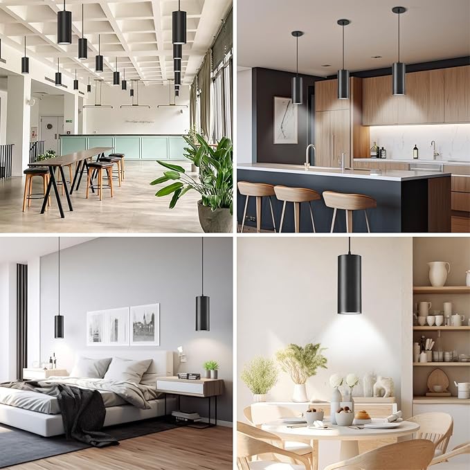 4" Pendant Lights Kitchen Island, 25W Cylinder Hanging Lights with Dipswitch, Modern Eye Care Led Pendant Lamp fixtures for Bedroom, Living Room, Office (Black, 1 Pcs)