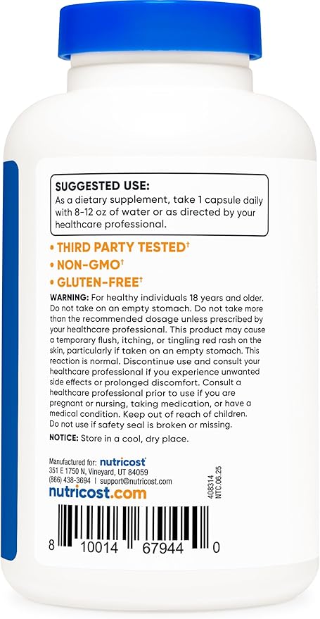 Nutricost Niacine (Vitamine B3) 500mg, 240 Gélules - Avec Effet Flushing, Sans OGM, Sans Gluten