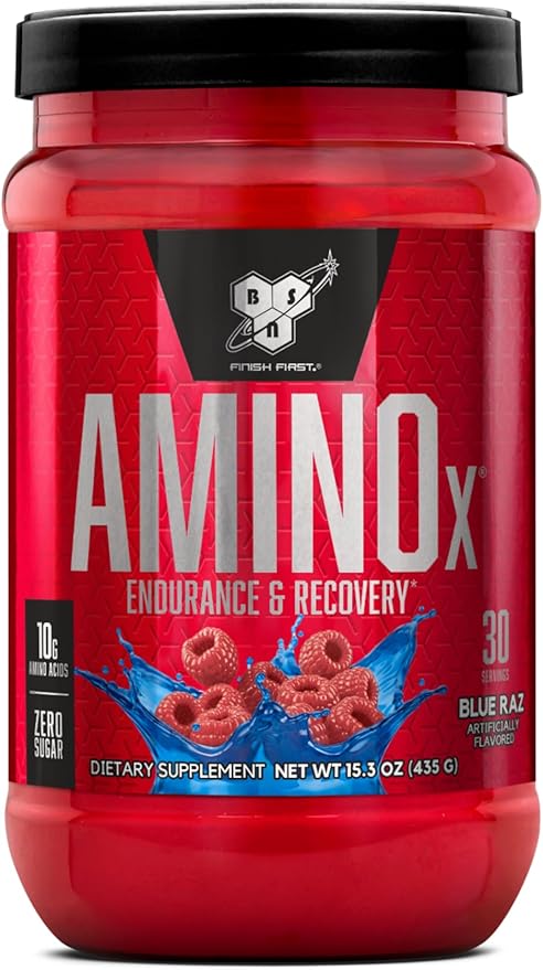 BSN Amino X Muscle Recovery & Endurance Powder with BCAAs, 10 Grams of Amino Acids, Keto Friendly, Caffeine-Free, Support Endurance, Zero Sugar, Blue Raz, 30 servings, 15.34 Ounce (Packaging May Vary)