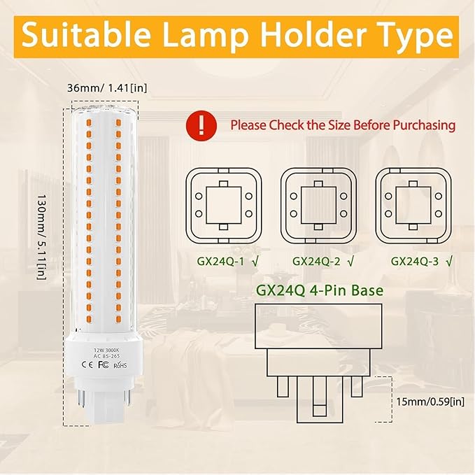 Lustaled Gx24 4-Pin Base LED Bulb, 12W G24q PL-C Horizontal Recessed Light 26W CFL Lamp Equivalent for Kitchen Light Pendant Lamp Dining Room, Warm White 3000K, 4-Pack (Remove/Bypass The Ballast)