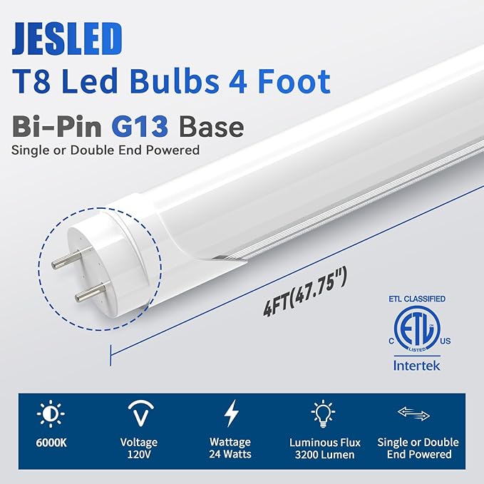 JESLED 25Pack T8 LED Bulbs 4 Foot, 24W 3200LM,6000K, Type A+B T10 T12 Fluorescent Light Bulbs, Plug and Play or Ballast Bypass, Single or Double End Powered, for Office, Garage