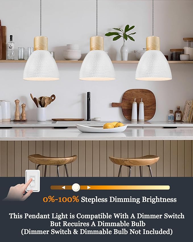 ELYONA 3 Pack White Hammered Pendant Lights for Kitchen Island 7” Small Nordic Solid Wood Hanging Light Fixtures, Modern Metal Pendant Light Fixtures for Bar, Dining Room, Bedroom, Hallway, Office