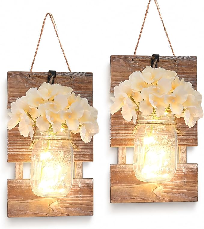 Rustic Mason Jar Sconces Wall Decor - Set of 2 Hanging Wooden Wall Art with LED String Lights & Remote Timer - Vintage Farmhouse Decoration for Living Room or Bedroom, Brown