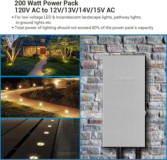DEWENWILS 200W Multi-Tap Low Voltage Landscape Transformer, 120V AC to 12V/13V/14V/15V AC,Low Voltage Transformer for Landscape Lights, Outdoor Lights, Garden Lights, Stainlees Steel, ETL Listed