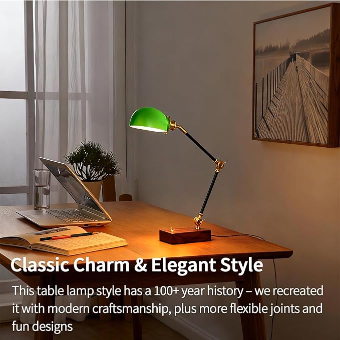 Bankers Lamp, Adjustable Traditional Green Desk Lamp with Solid Ash Wood Base, Green Glass Antique Library Lamp with Power Cord Switch, Plug in Vintage Bankers Table Lamp for Office 【E26 Socket】