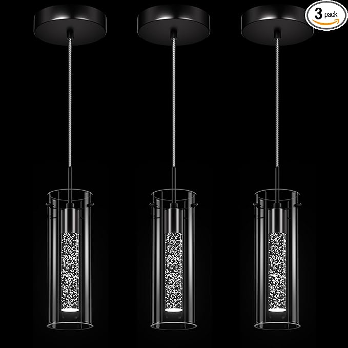 Pendant Ceiling Light Fixture, 6500K LED Kitchen Lighting Crystal Pendant Lights Kitchen Island Brushed Black, Glass Kitchen Hanging Light Fixture Modern Island Light with Crystal Bubble 3 Pack