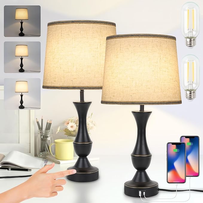 LALISU Touch Lamps for Bedrooms Set of 2, Farmhouse Table Lamp with USB C Charging Port, 3 Way Dimmable Nightstand Lamps with Linen Fabric Lampshade for Bedroom, Living Room (Pack2-Black)