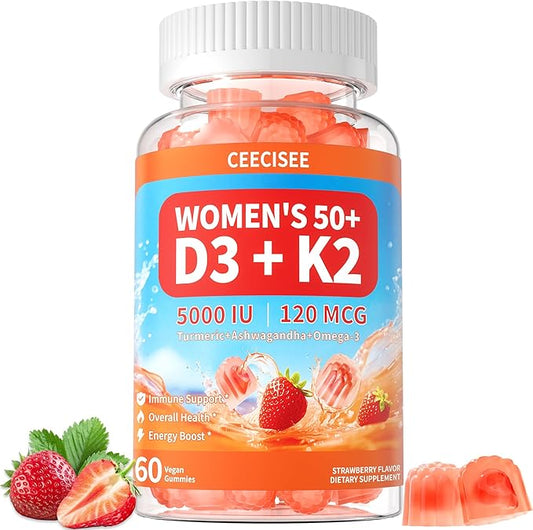 Supplément de gommes de Vitamine D3 K2 pour Femmes de 50 ans et plus : Vitamine D3 biologique 5000 UI + K2 (MK-7) 120 mcg avec 500mg d'Oméga-3, 400mg de Calcium, CoQ10 pour la Santé Immunitaire - Extra Fort pour Adultes (60 unités)