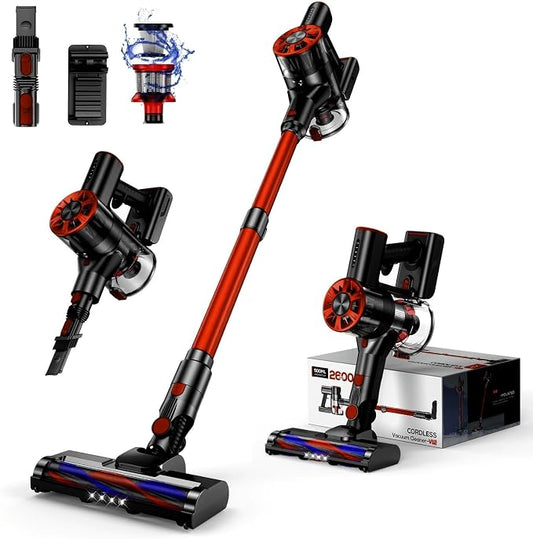 Comvtu Cordless Vacuum Cleaner for Home, 80,000PRM Powerful 4 in 1 Lightweight Stick Vacuum with 2 Adjustable Suctions, Max 40 Mins Runtime, 2600mAh Rechargeable Vacuum Cleaners (Deep Red)