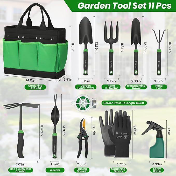 Velway Garden Tools Set -11-Piece Heavy Duty Hand Tool Kit with Ergonomic Handles, Rust-Proof, Carry Tote Bag – Gardening Gifts for Women & Men (Green)