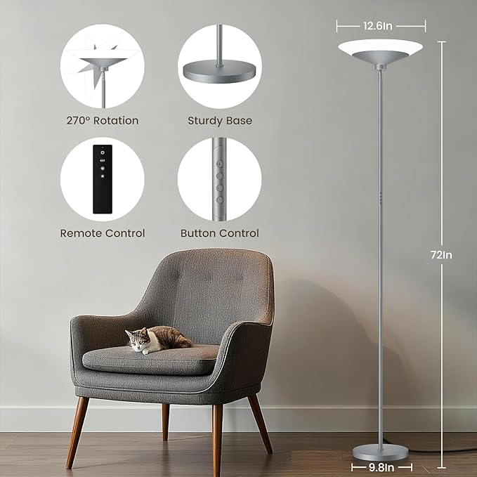 SIBRILLE Silver Torchiere Floor Lamp - 30W Dimmable LED Standing Lamp with Remote/Button Control, 1800Lm, 3000-6500K, 72in Bright Standing Pole Light for Living Room Bedroom Office Corner