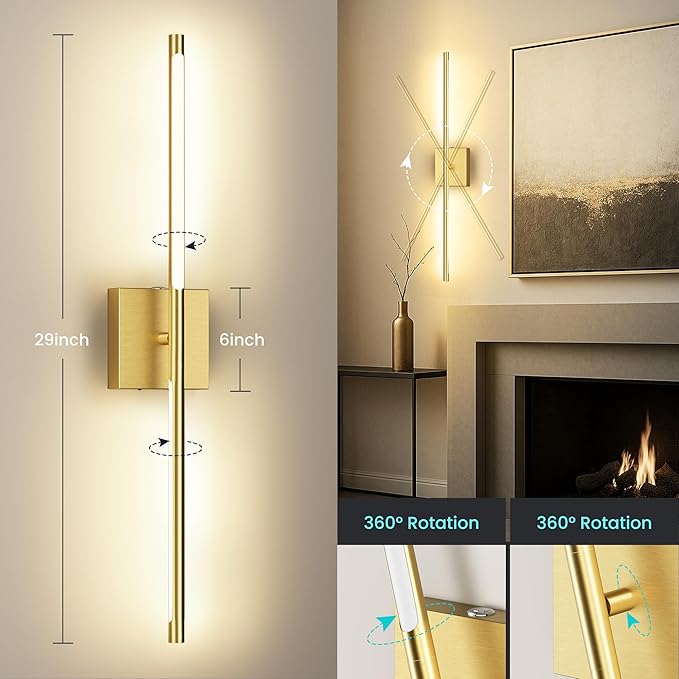 Battery Operated Wall Sconces Set of Two, 10000mAh Rechargeable Wall Lights with Remote Control, 360° Rotate Dimmable Gold LED Cordless Lamps for Bedroom, Living Room, Hallway, 29 Inch, 3CCT