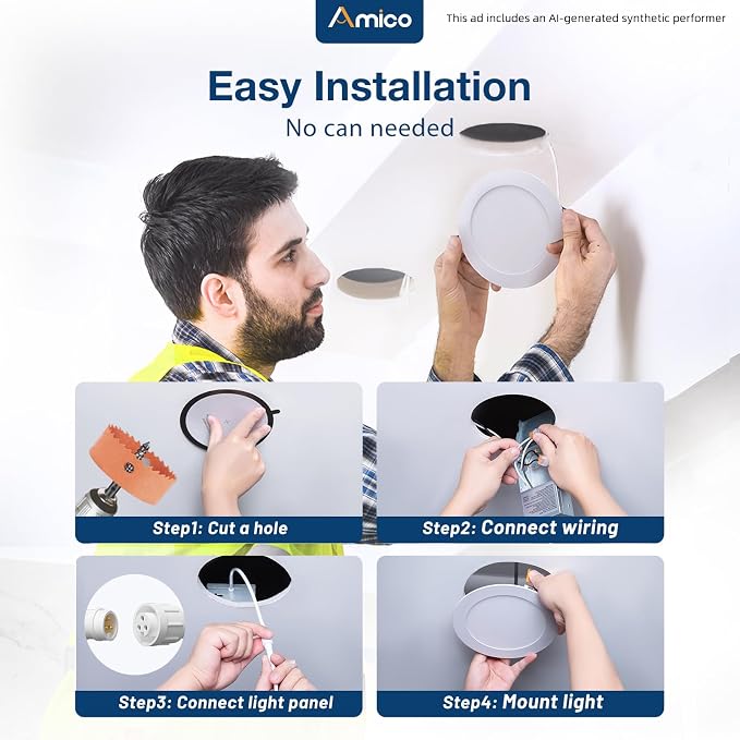 Amico 24 Pack 4 Inch 5CCT Ultra-Thin LED Recessed Ceiling Light with Junction Box, 2700K/3000K/3500K/4000K/5000K Selectable, 800 Lumens, Dimmable Canless Wafer Downlight, 10W Eqv 60W-ETL&FCC